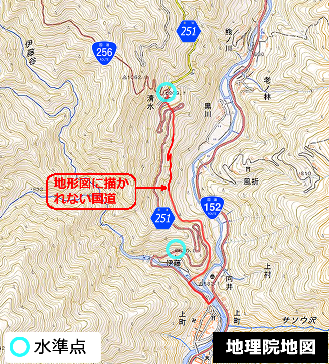 山さ行がねが 道路レポート 国道256号 飯田市上村の地形図に描かれていない区間